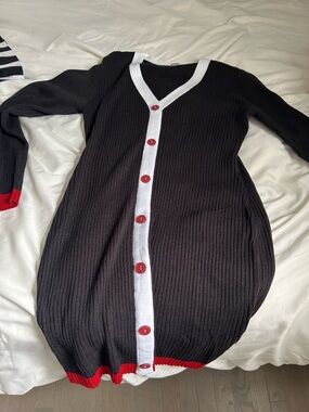 VENUS Black Ribbed Button-Front Dress with White Trim and Red Accents